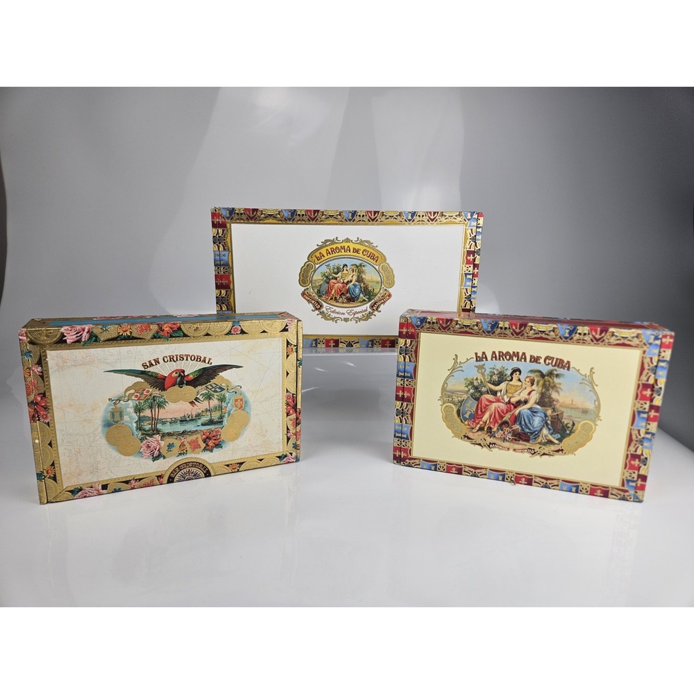Set of 3 Empty‎ Cigar Boxes Decor 2)La Aroma De Cuba 1)San Cristobal